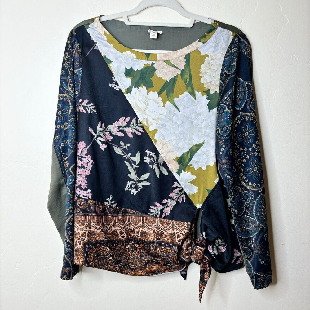 Anthropologie Tiny Blouse Sz S Patchwork Blooms Floral Scarf Tie Waist Boho Fall